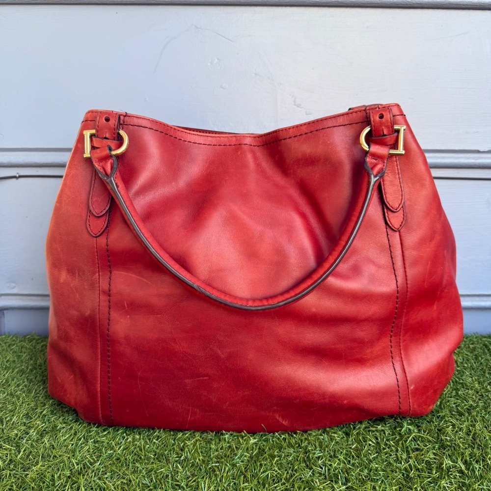 G.I.L.I. Red Genuine Leather Hobo Shoulder Bag Gold Tone Hardware Large Tote